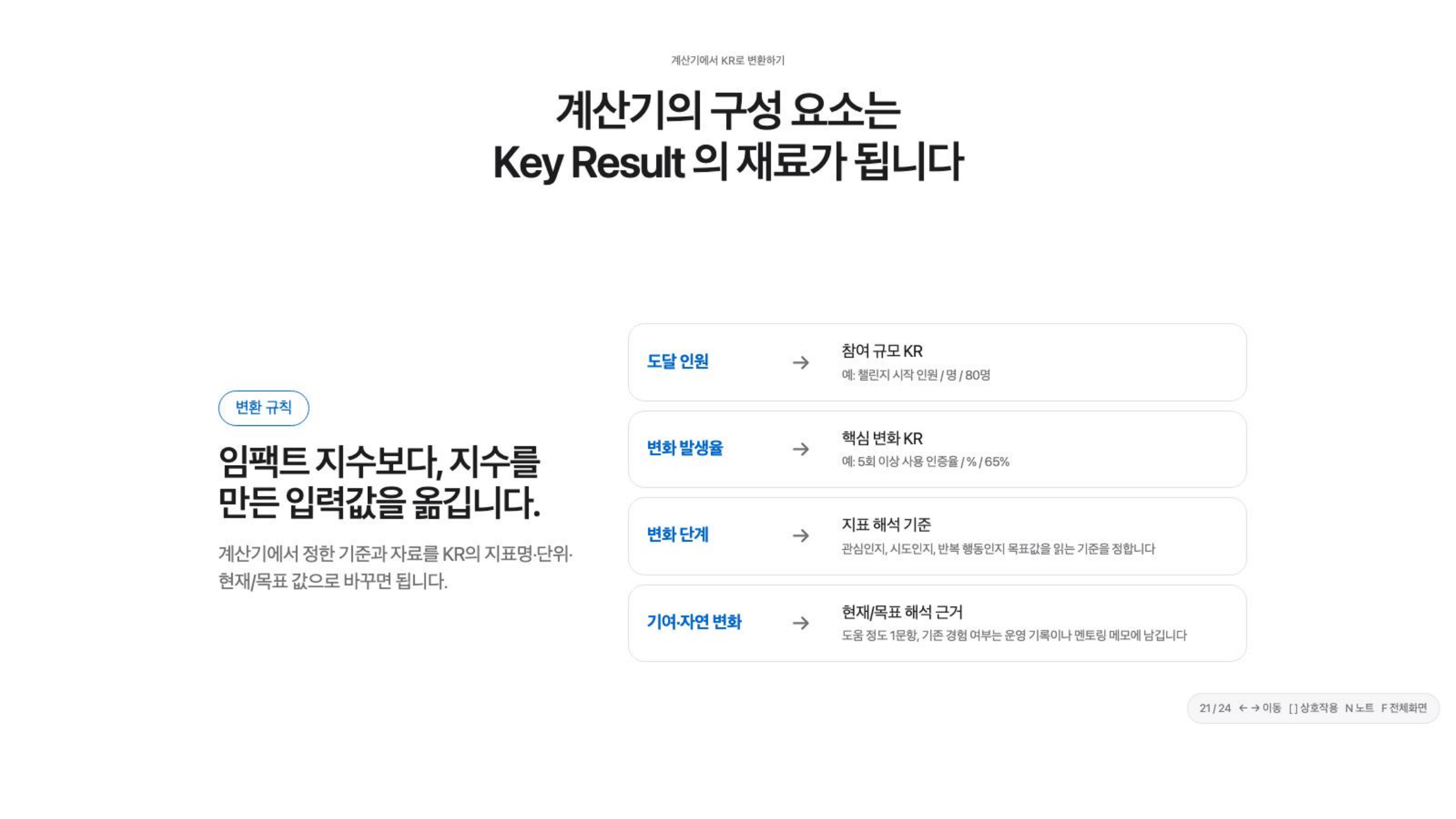 계산기의 구성 요소를 Key Result의 재료로 바꾸는 슬라이드